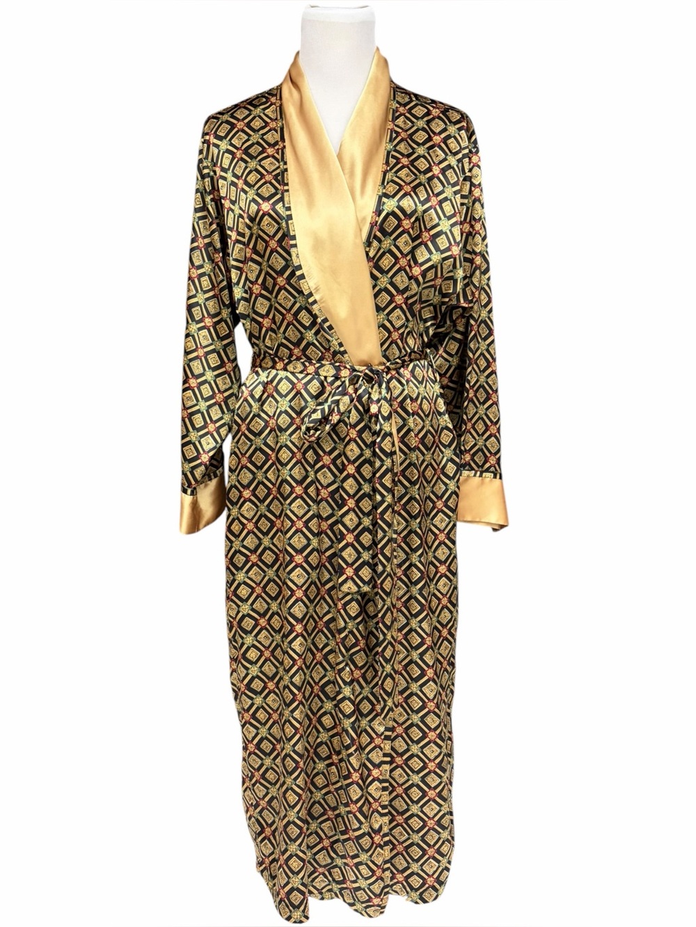 Vintage Victoria’s Secret Satin Robe Medium Geometric Gold Black Long, 90s Glam
